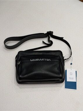 Louis Vuitton Black Text Logo Leather Messenger Bag